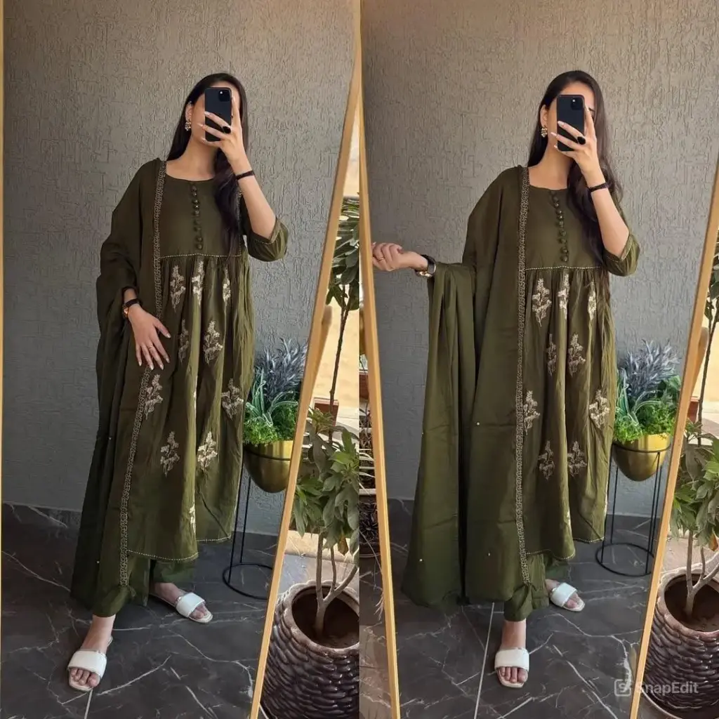 Olive Green Embroidered Cotton Kurta Set With Dupatta