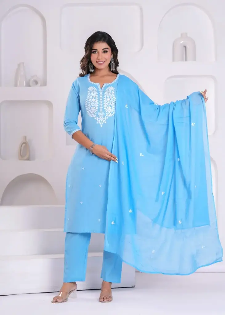 Mal Cotton Kurta Set with Embroidered Neck and Dupatta