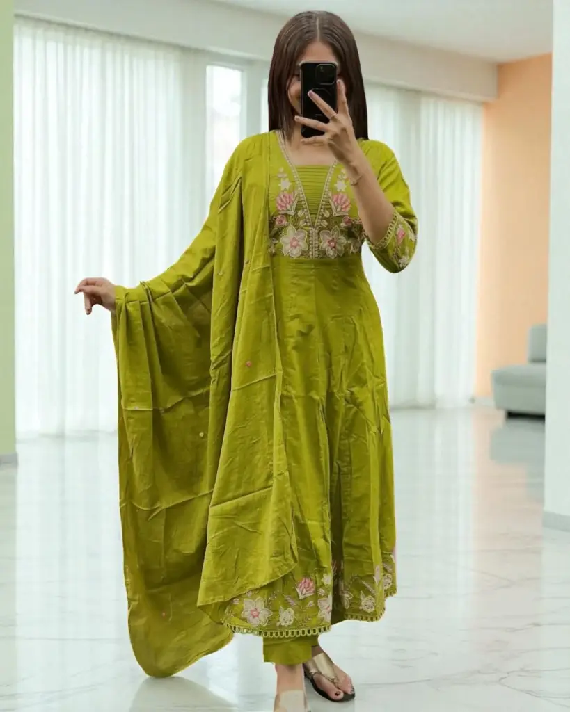 Embroidered Anarkali Kurta Set with Malmal Dupatta