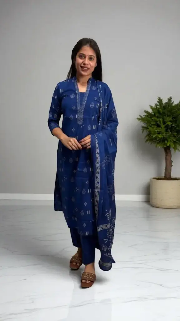 Embroidered Cotton Kurta Set with Dupatta (Purple, Blue, Yellow)