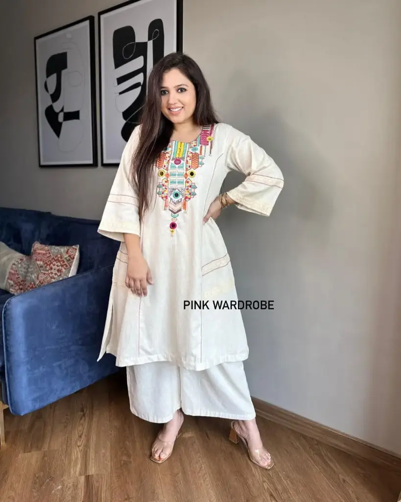 Embroidered Natural Flex Cotton Kurta Set with handwork on neck
