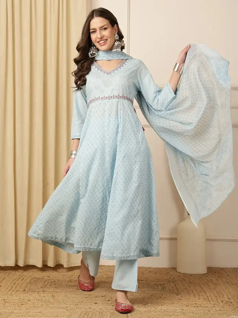 Block Printed Anarkali with Dupatta (Pink, Blue)