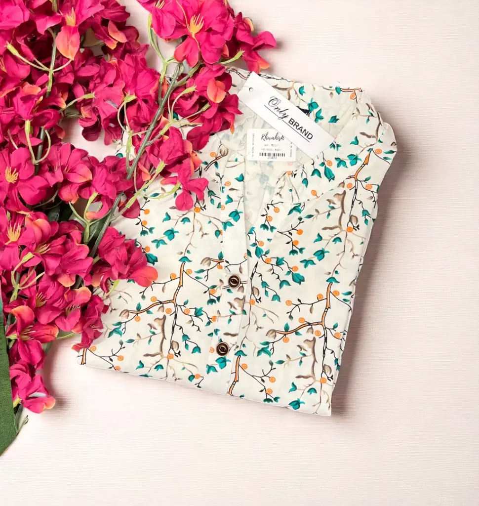 Floral Leaf Print White Rayon Short Kurti