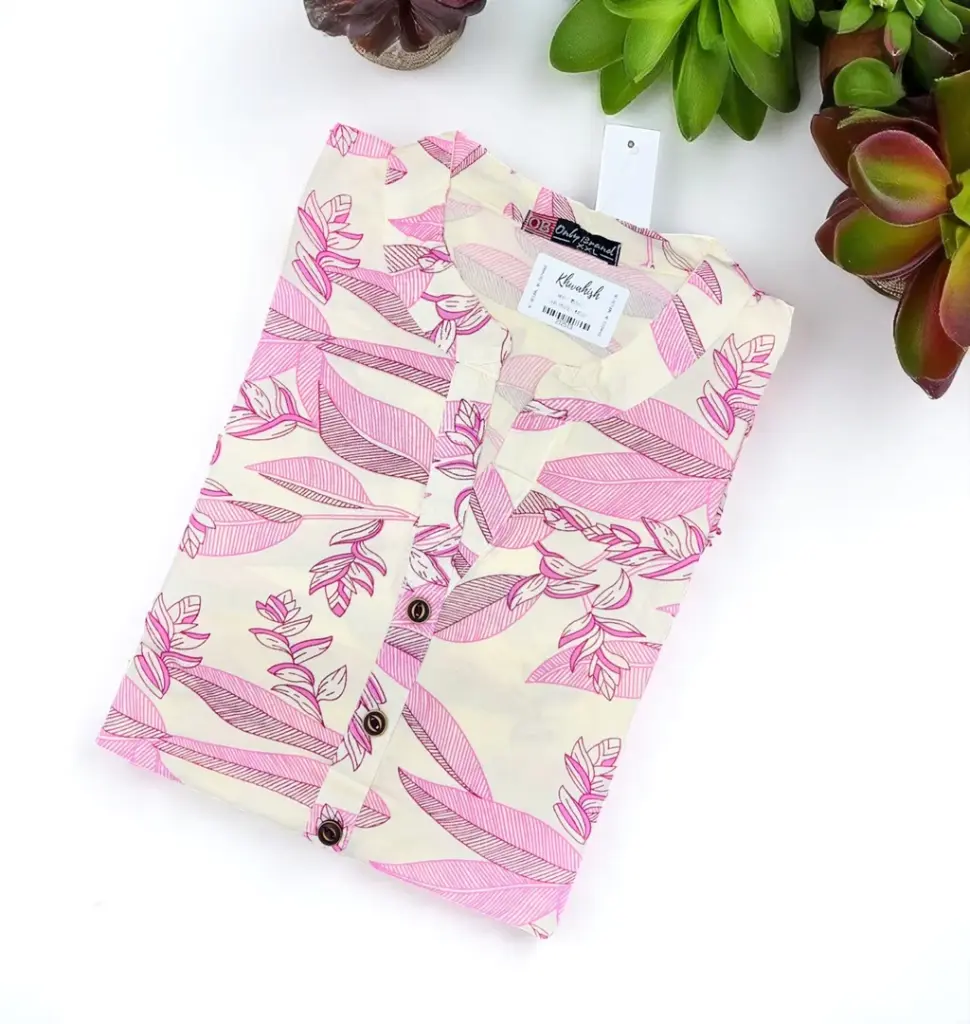 White Rayon Short Kurti with Purple Leaf Print
