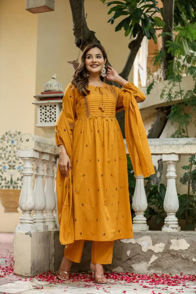 Embroidered Mustard Pleated Kurta Set with Dupatta