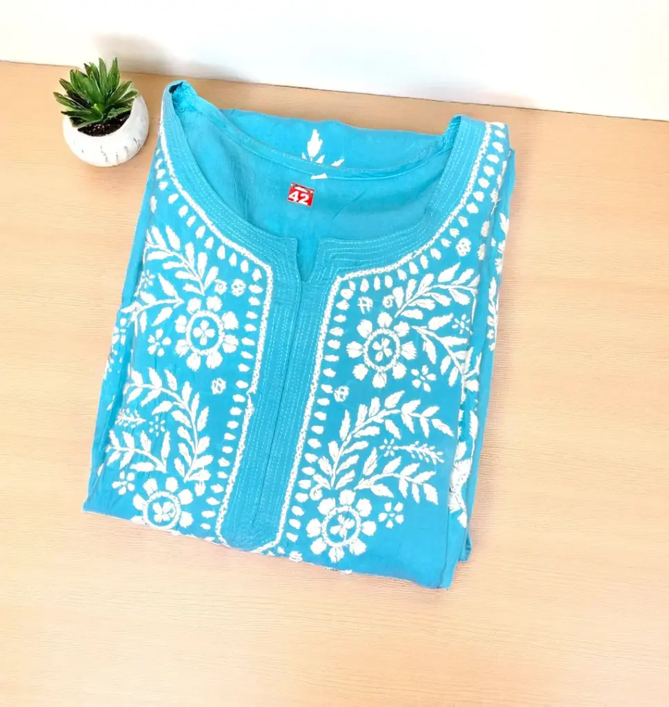 Lakhnavi Chikankari Kurti with Neck and Sleeve Embroidery