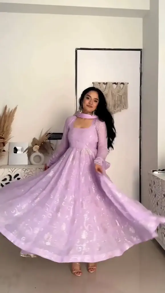 Lavender Foil-Print Anarkali Suit Set