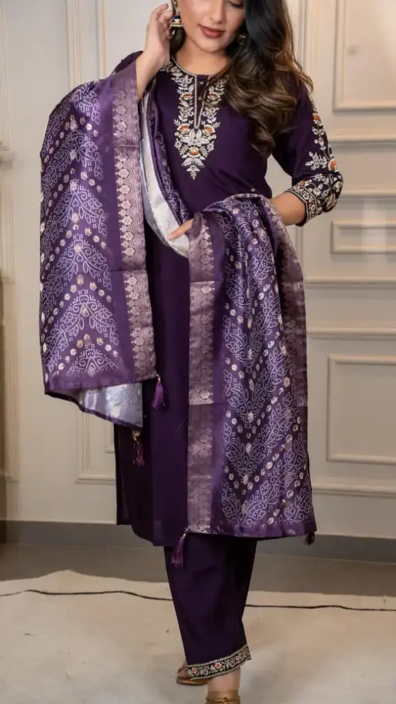 Purple Bandhani Print Straight Kurta Set