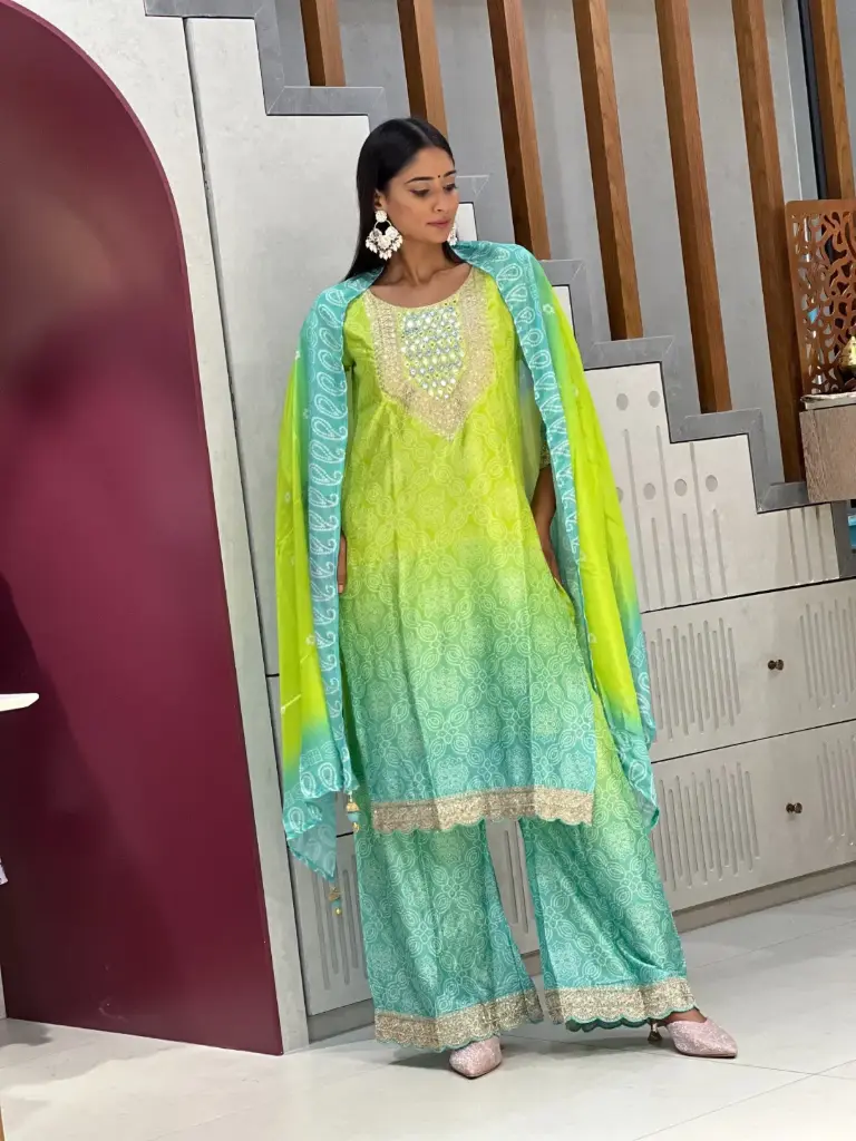 Lime Green and Teal Bandhani Print Kurta Set