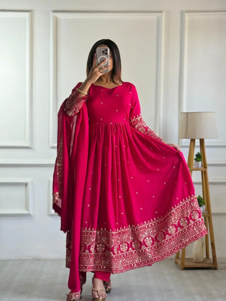 Majenta Embroidered Vichitra Silk Anarkali Suit