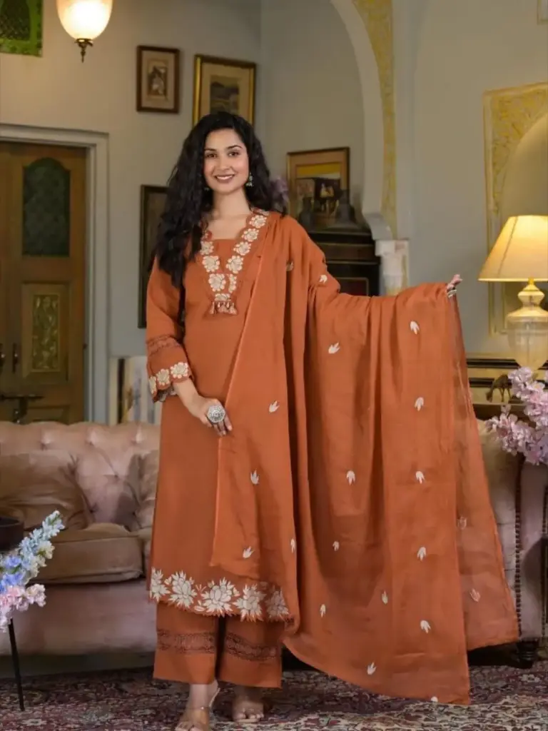 Brown & Green Embroidered Rayon Slub Cotton Kurta Set
