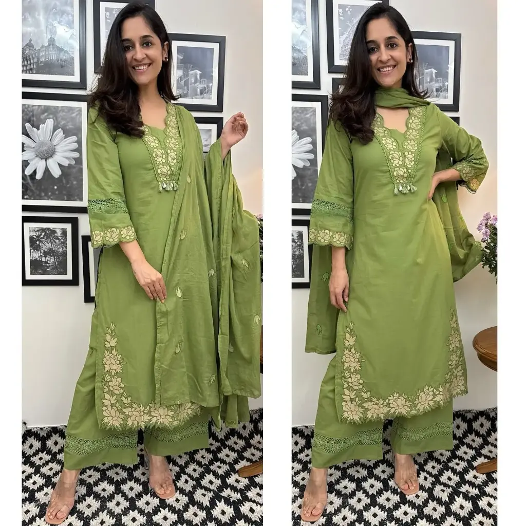 Brown & Green Embroidered Rayon Slub Cotton Kurta Set