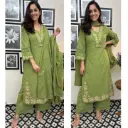 Brown & Green Embroidered Rayon Slub Cotton Kurta Set