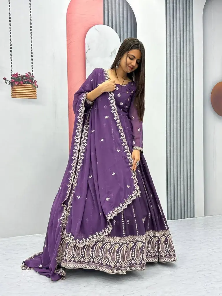 Purple Embroidered Georgette Anarkali Suit with Dupatta