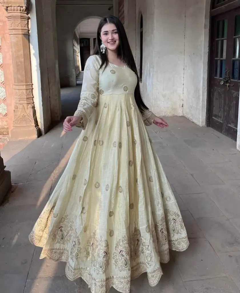 Cream Embroidered Peacock Anarkali With Dupatta