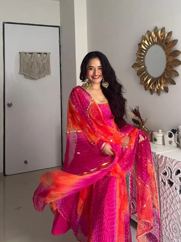 Pink and Orange Bandhani Print Anarkali set