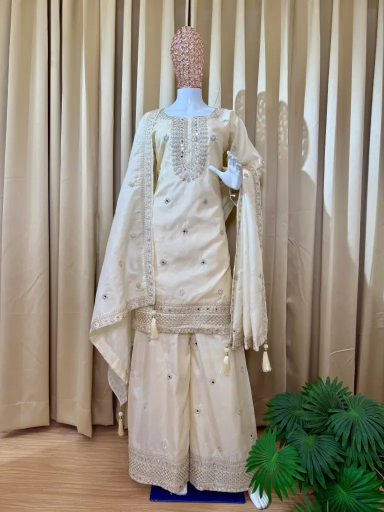 Embroidered Shimmer Fabric Kurti, Palazzo, and Dupatta Set in Pink & Off-White Color