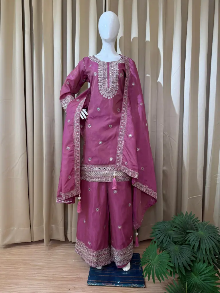 Embroidered Shimmer Fabric Kurti, Palazzo, and Dupatta Set in Pink & Off-White Color