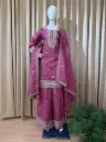Embroidered Shimmer Fabric Kurti, Palazzo, and Dupatta Set in Pink & Off-White Color