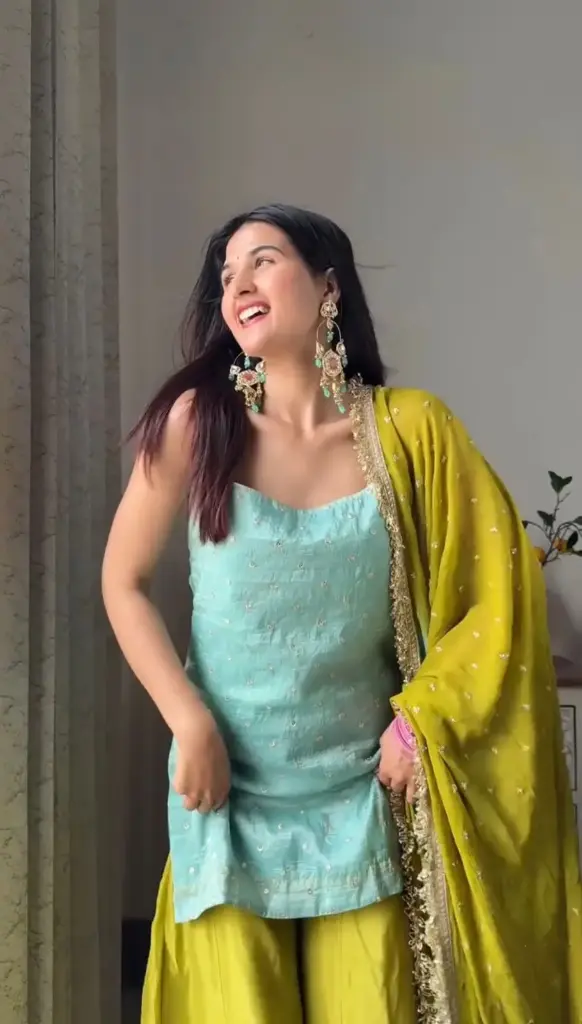 Mint Green & Yellow Embroidered Chinon Silk Palazzo Set