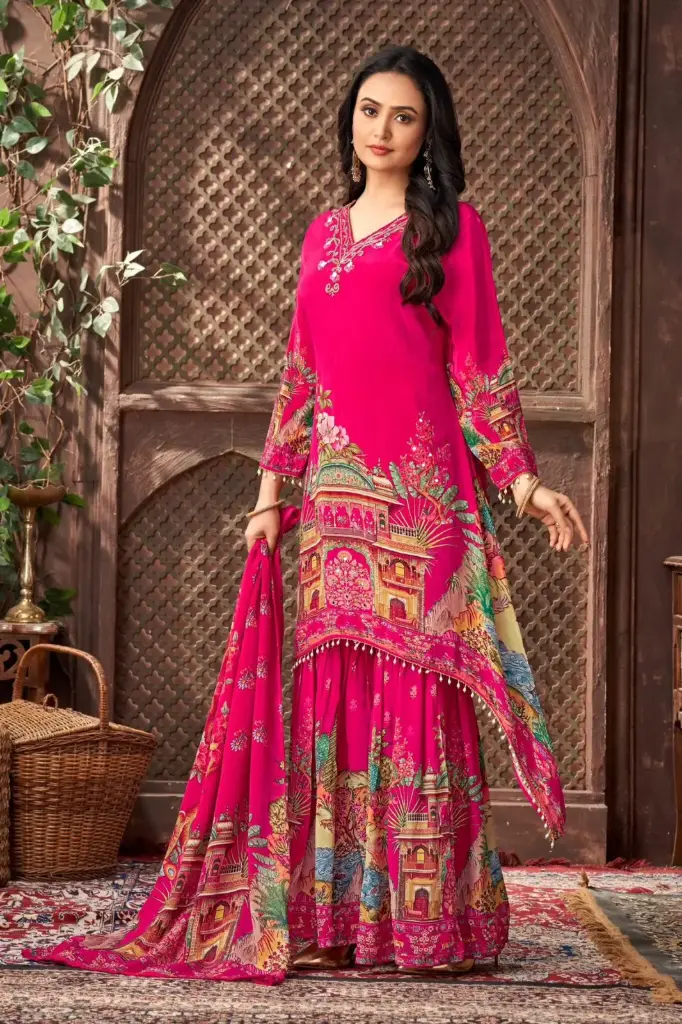 Pink and Black Architectural Print C-Cut Sharara Suit