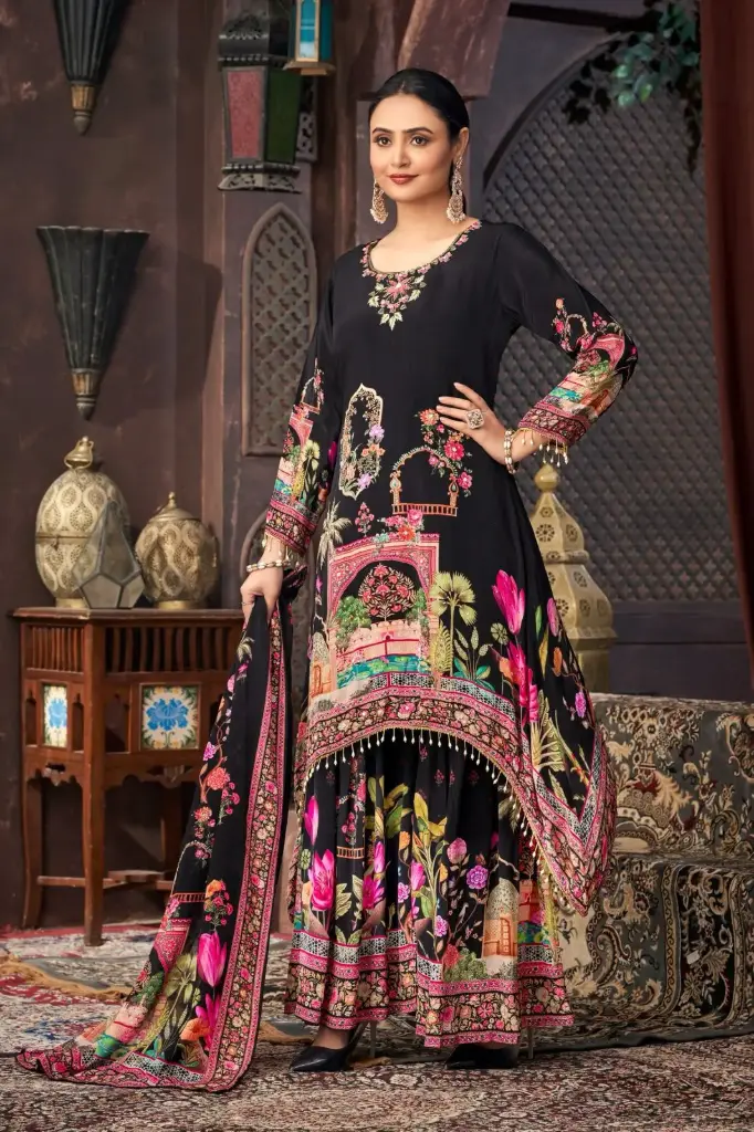 Pink and Black Architectural Print C-Cut Sharara Suit