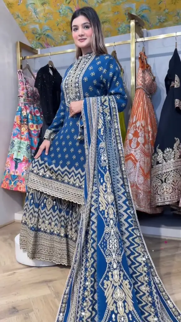 Dotted Chinon Sharara Suit with Embroidered Detail in Navy Blue and Lavender Color