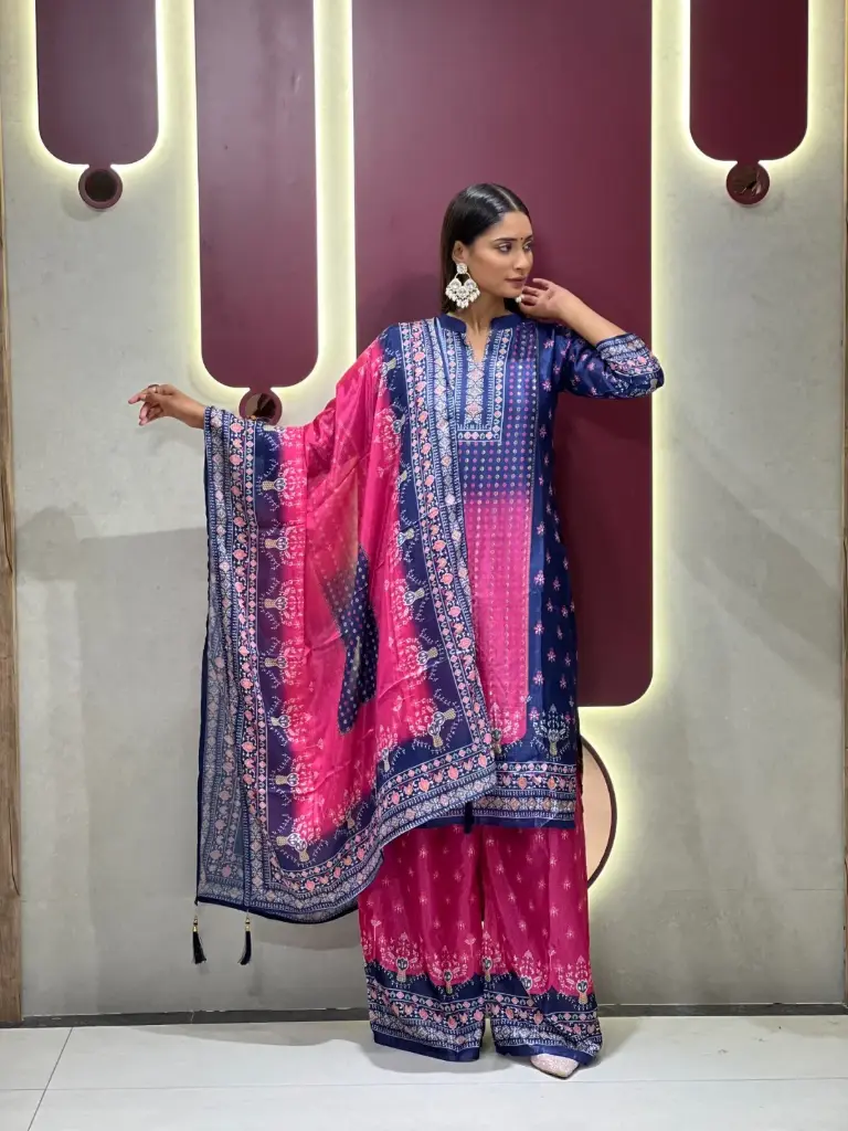 Navy Blue and Fuchsia Pink Printed Chinon Kurta Set (M)