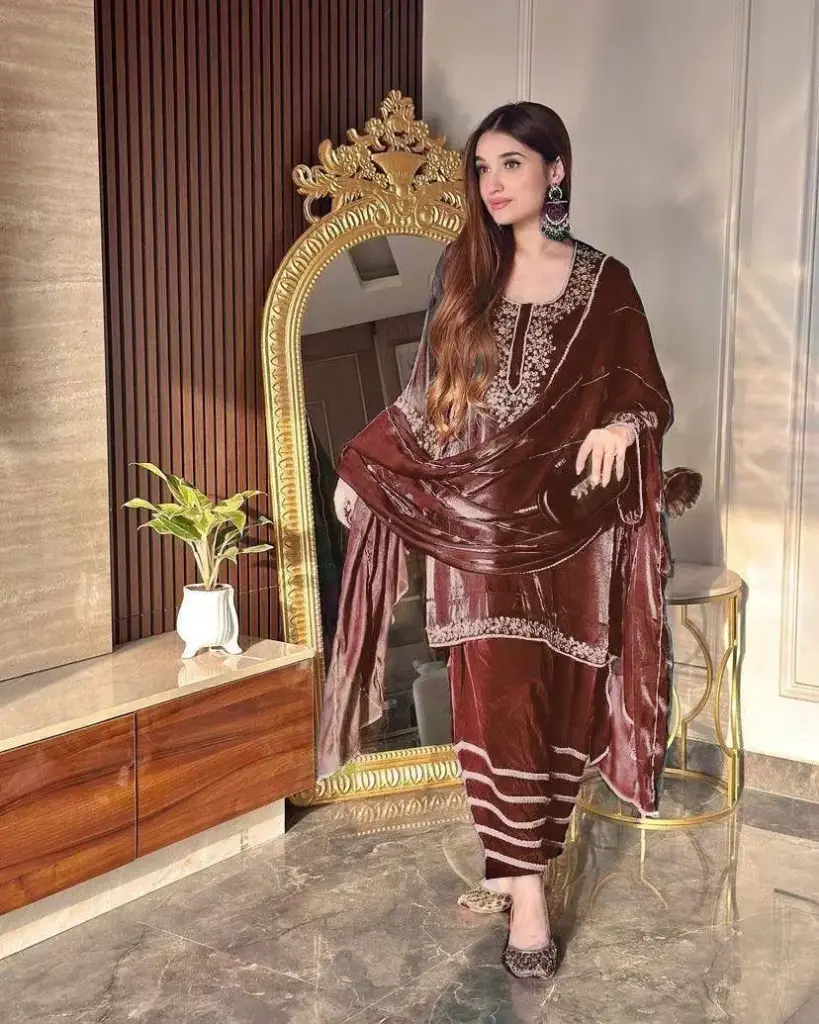 Embroidered Jimmi-Cho Kurti Palazzo Set in Brown and Green Color (M, Brown)
