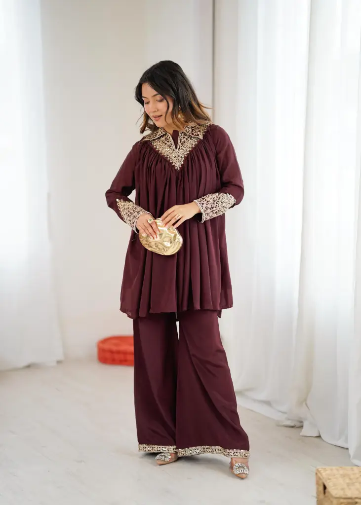 Chinnon Fabric Fully Embroidered Pleated Cord Set