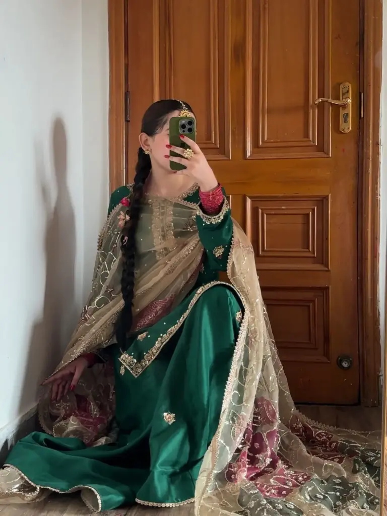 Emerald Green Floral Embroidered Chinon Palazzo Suit