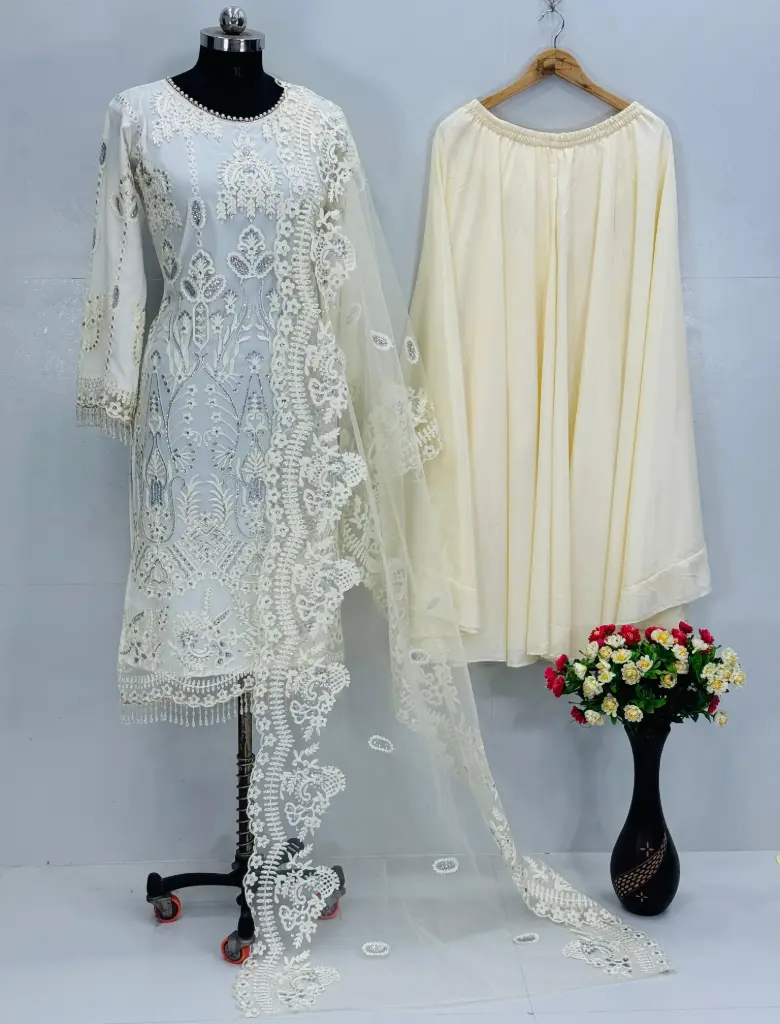 Embroidered Net Party Wear Suit (Available in Seafoam Green and Off-White)