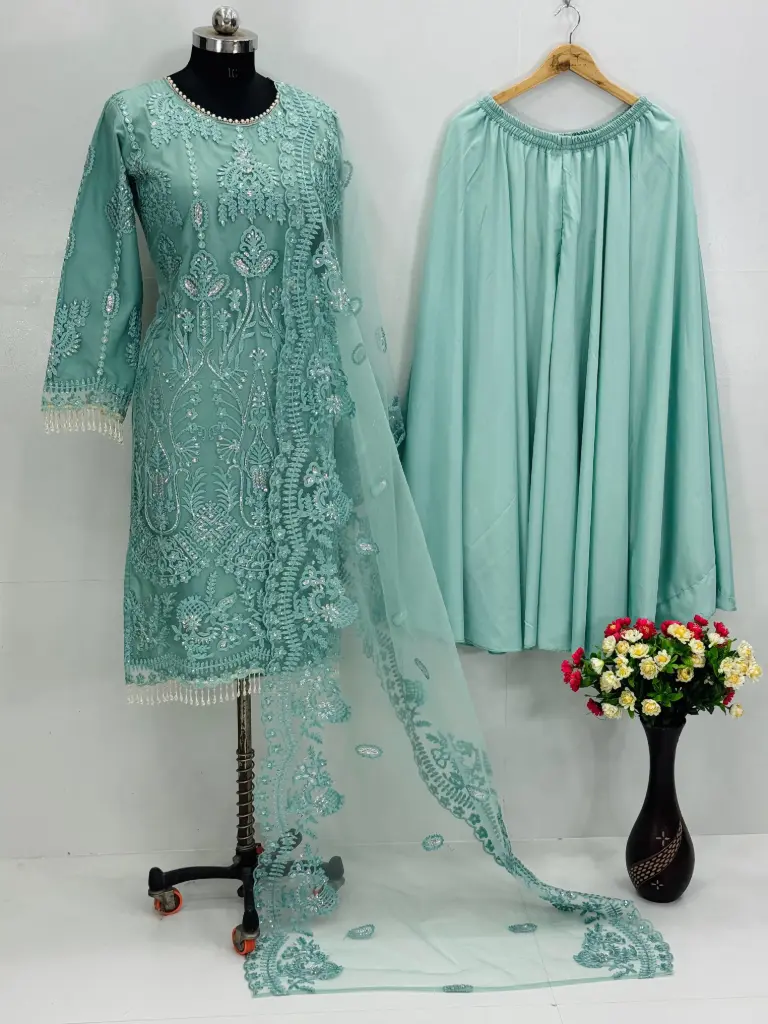 Embroidered Net Party Wear Suit (Available in Seafoam Green and Off-White)