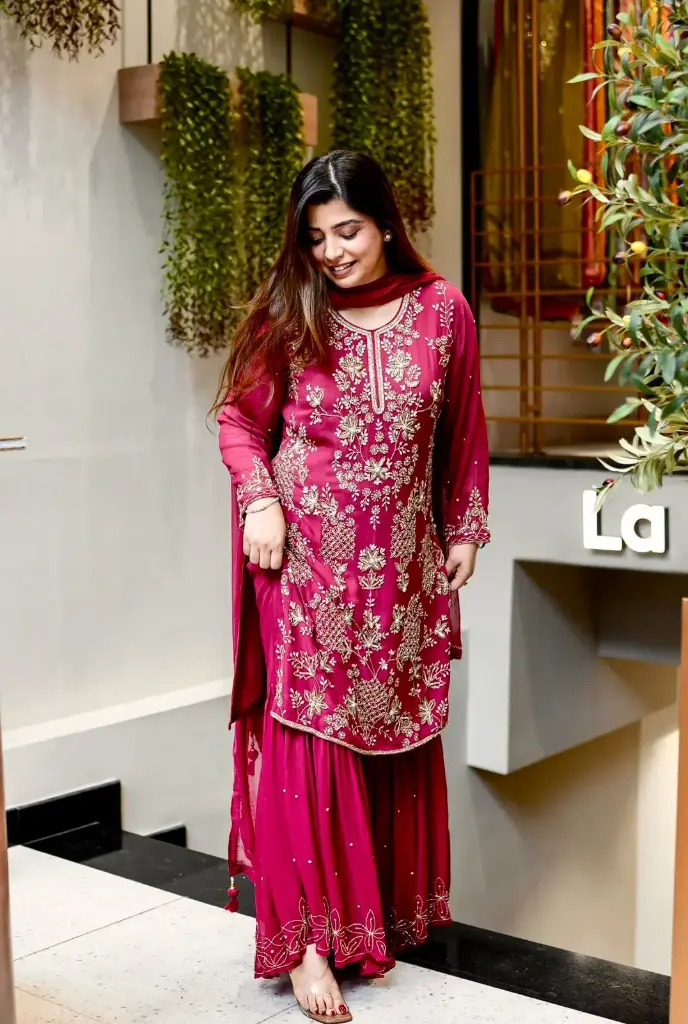 Embroidered Floral Pattern Sharara Suit Set (Available in Emerald Green & Crimson Red)