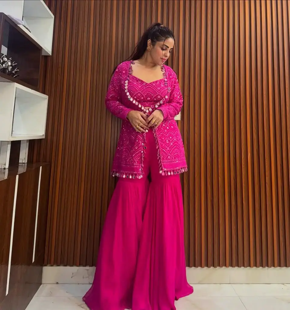 Fuchsia Pink Hand-Embroidered Georgette Sharara Set