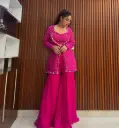 Fuchsia Pink Hand-Embroidered Georgette Sharara Set