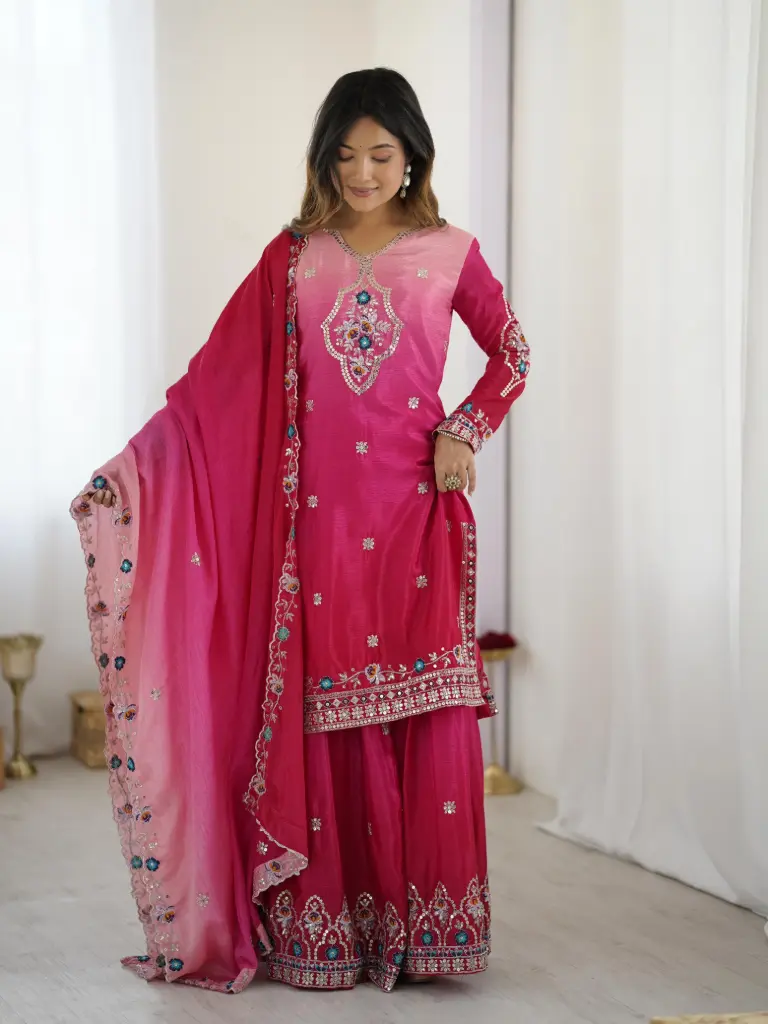 Embroidered Pink Chinon Silk Kurta Sharara Set with Dupatta (M)