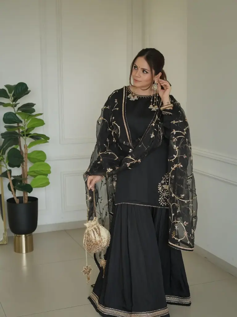 Black Embroidered Crepe Sharara Set with Sequins Work & Georgette Dupatta