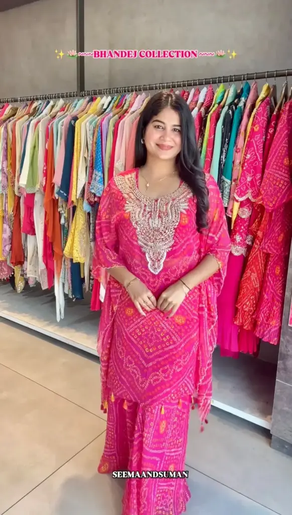 Pink Bandhej Printed Kaftan Sharara Set