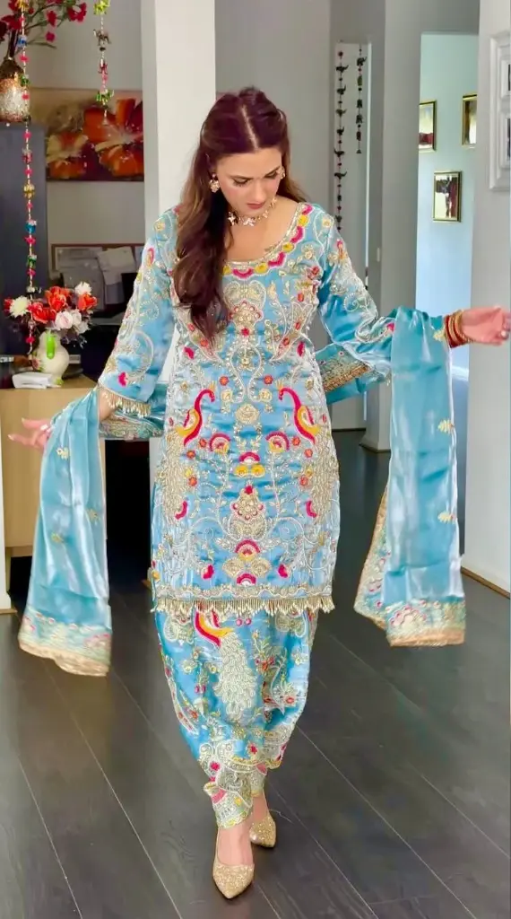 Blue Peacock Embroidered Jimmy Chu Palazzo Set