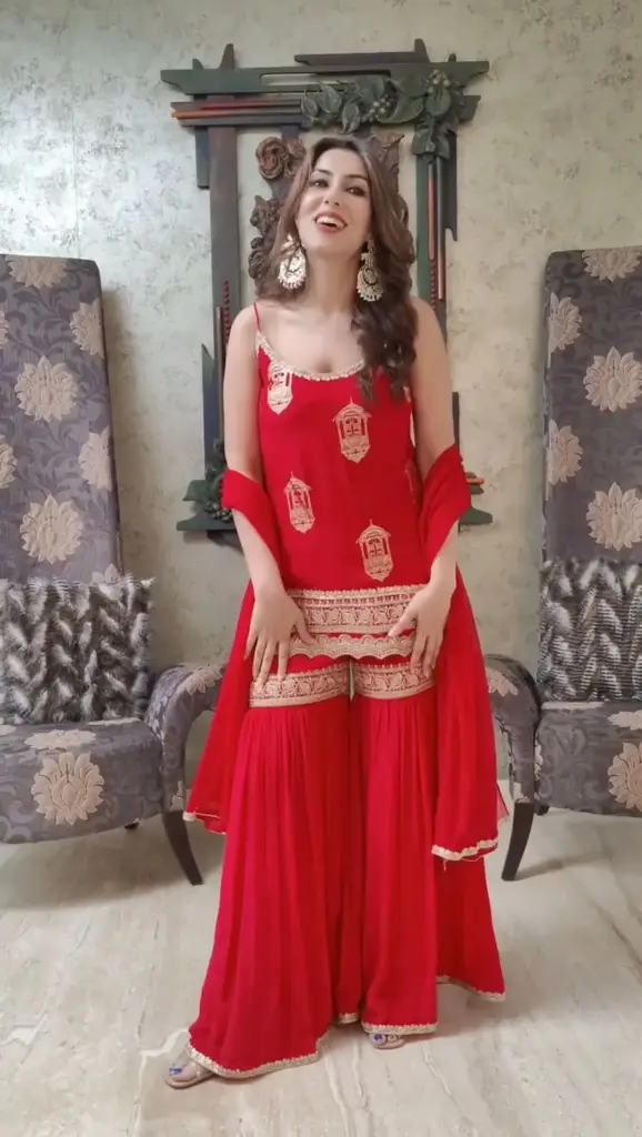 Red Threadwork Georgette Sharara Set