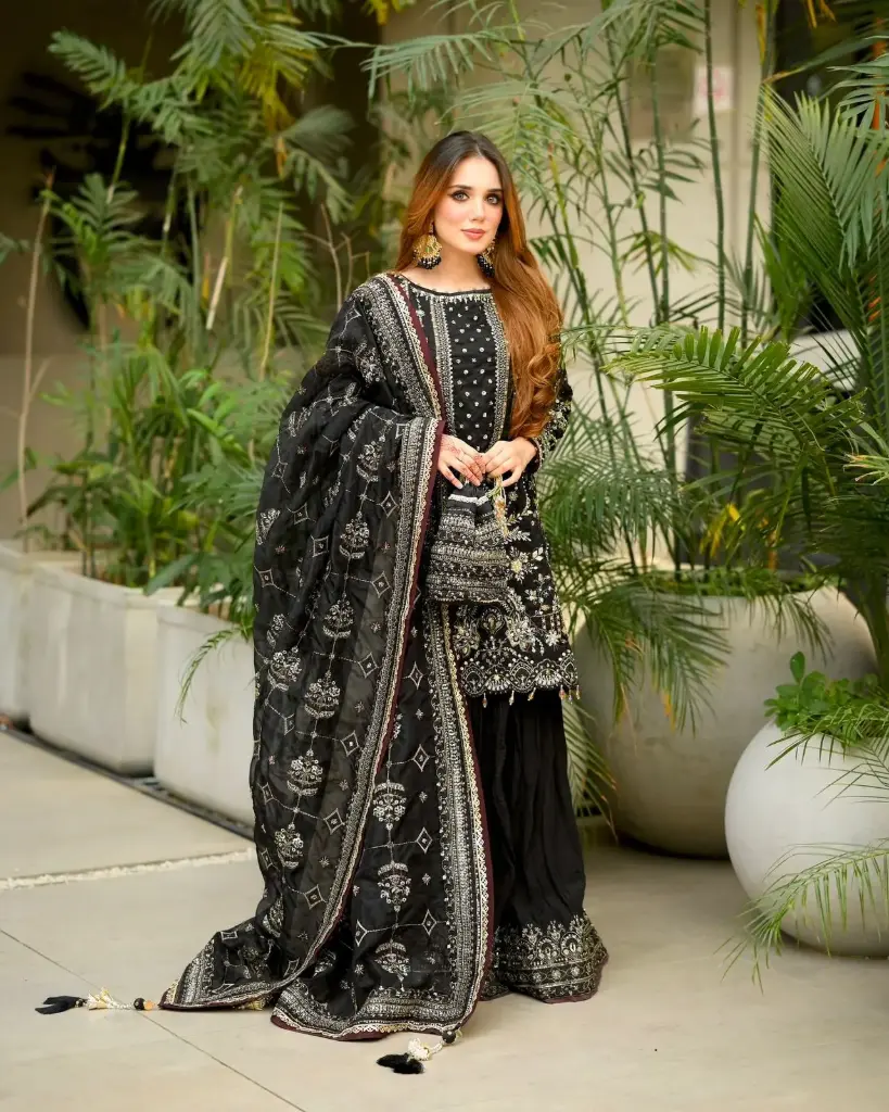Black Sequin Embroidered Georgette Palazzo Set