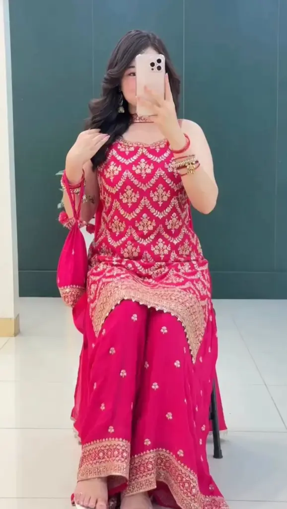 Pink Embroidered Sequin Georgette Palazzo Set