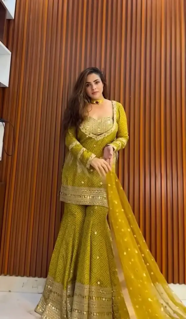 Printed Chinon Silk Sharara Set (Available in 2 Colors) (Neon Green, M)