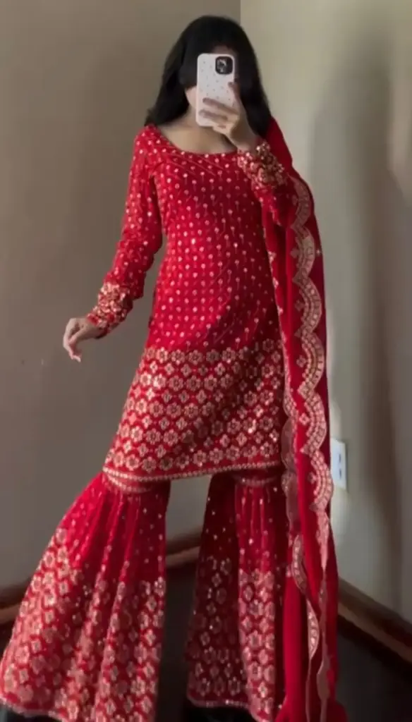 Red Threadwork Sequin Georgette Sharara Set