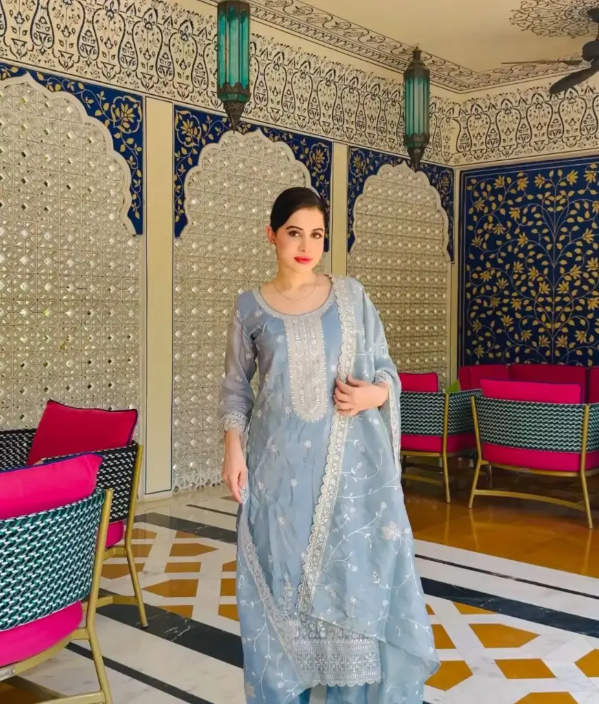 Grey Gold Crush Embroidered Silk Suit Set