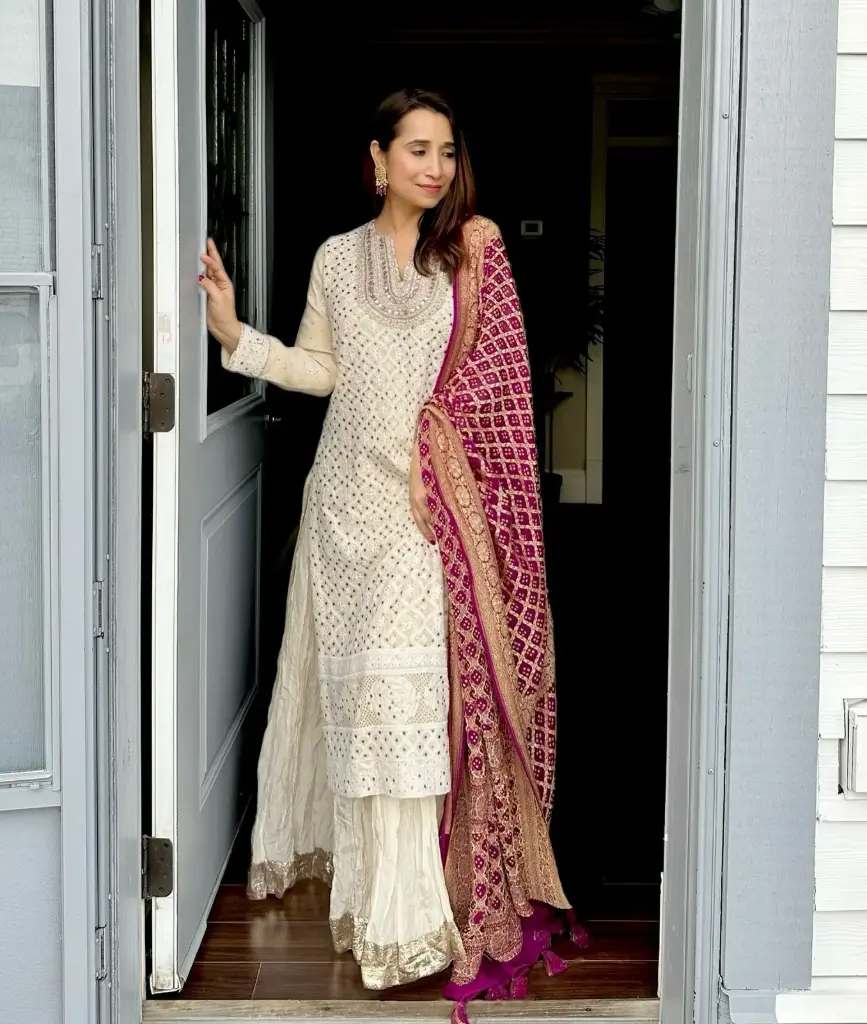 Off White Sequin Embroidered Georgette Palazzo Set (M)