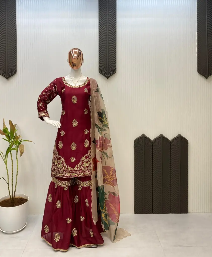 Sequin Embroidered Chinon Sharara Set (Green, Black, Maroon)