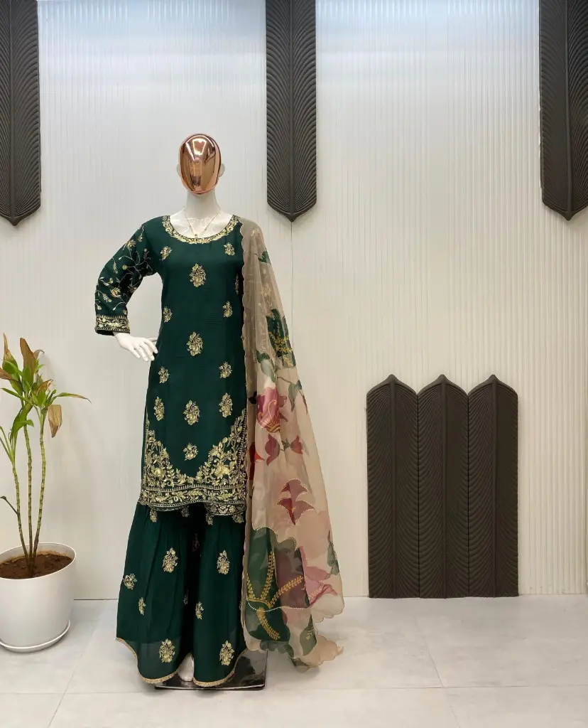 Sequin Embroidered Chinon Sharara Set (Green, Black, Maroon)