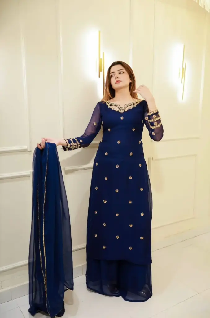 Navy Blue Threadwork Georgette Palazzo Set